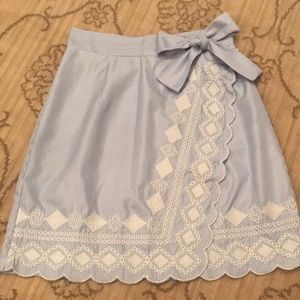 SHEIN blue/white striped embroidered faux-wrap mini skirt, Size XS